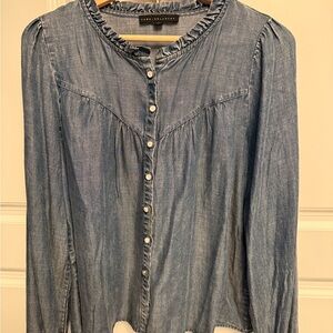 Jane + Delancey Chambray Ruffle Neck Button Front Blouse Size S